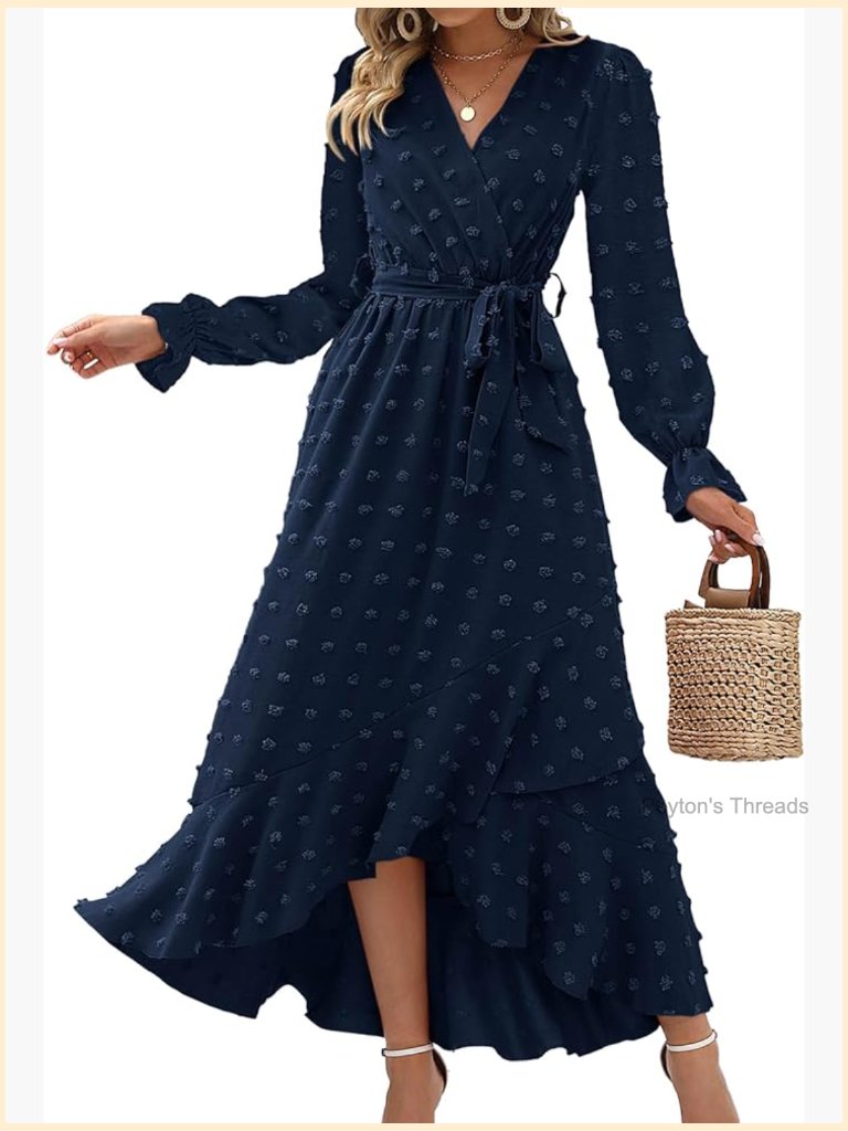 Long Sleeve Maxi Dress Swiss Dot Boho Wrap V Neck Flowy Slit Cocktail Wedding